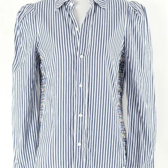 Greyson $298 Sz M Blue White Striped Multi Smock Side Trend Cotton Shirt Top